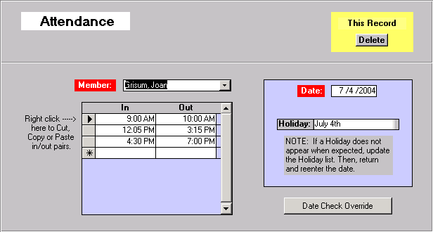 Attendance data entry form