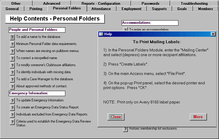 Help menu showing mailing label printing instructions