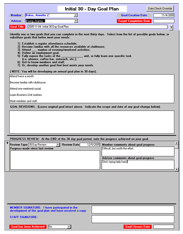 Initial Goal Plan data entry form