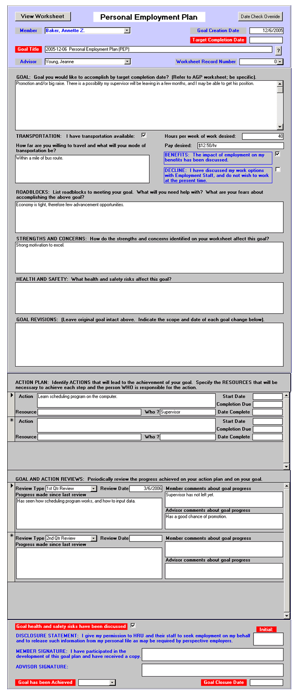 Personal Employment Plan data entry form