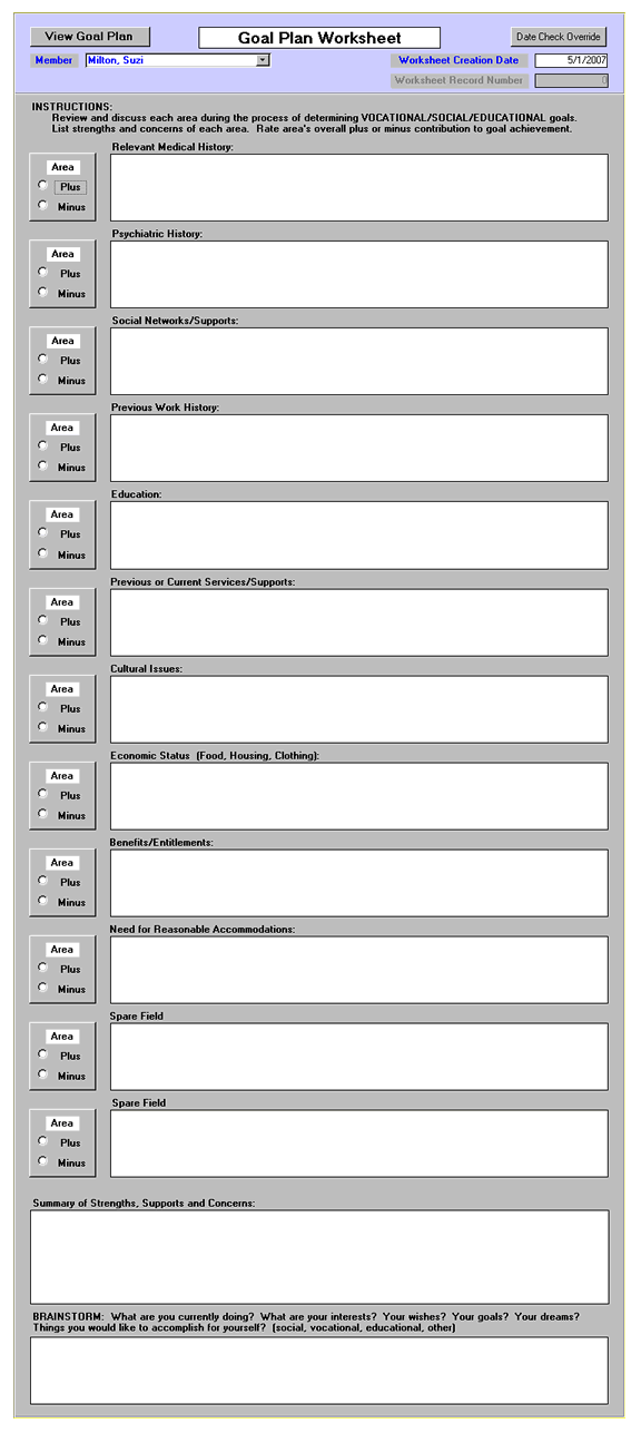 Goal Plan personal assessment worksheet